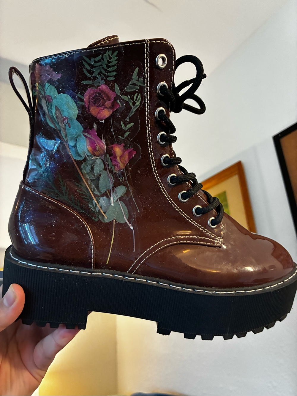 DIY Whimsical Cottage Core Glitter Floral Brown Wedge Combat Boots Unique - Picture 10 of 15